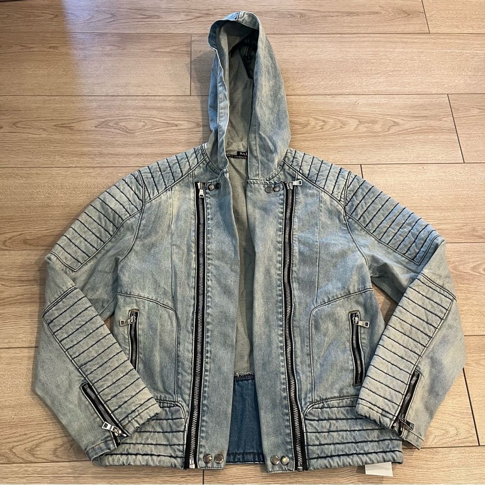 Balmain Women’s Moto Jacket Denim Open Front Acid Wash Light Size XXL